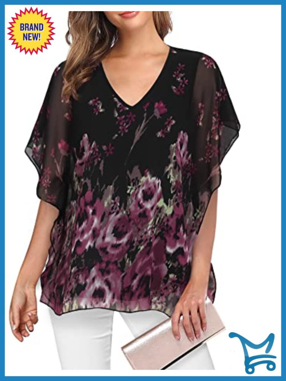 Lotusmile Chiffon Double-Layered Flutter Sleeve Tunic Blouse Work Top